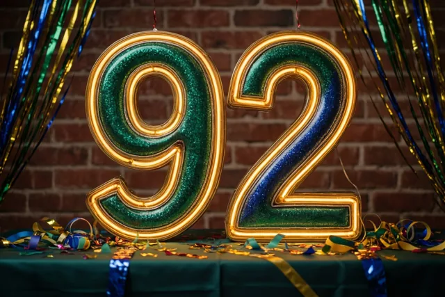 Neoncijfers vormen 92 tegen een bakstenen muur boven een feesttafel met confetti en slingers, in overwegend groene, gouden en blauwe tinten.