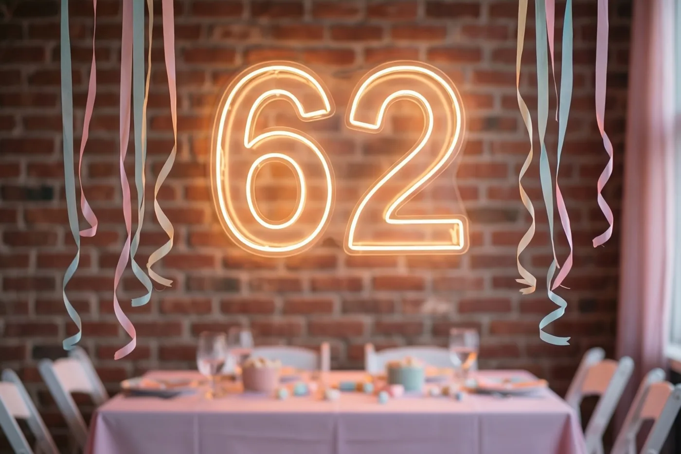 Een warm neongetal 62 hangt tegen een bakstenen muur boven een feesttafel met pastelservies en kleurrijke hangende serpentines.