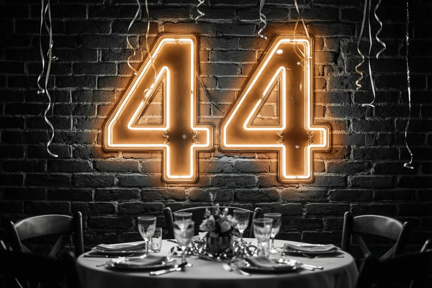 Een ronde feesttafel staat onder een groot warm gloeiend neongetal 44 aan een donkere bakstenen muur, met hangende zilveren slingers.