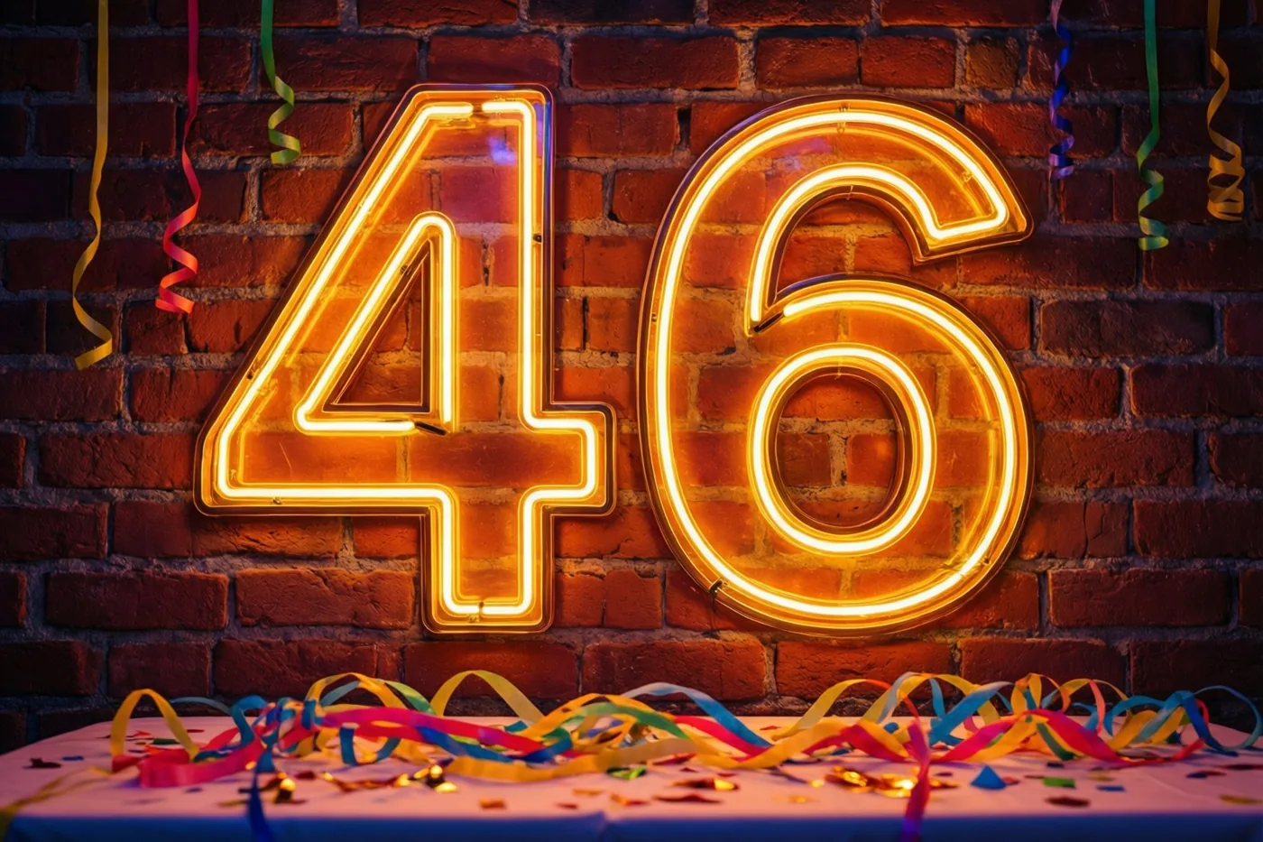 Een grote neonversie van 46 gloeit tegen een rode bakstenen muur boven een tafel met kleurrijke slingers en confetti.