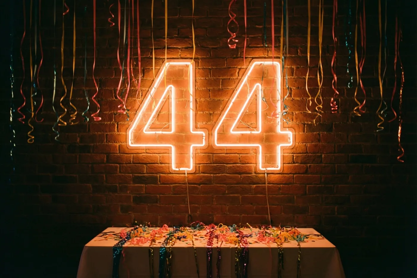 Een groot neongetal 44 gloeit aan een bakstenen muur boven een tafel vol kleurrijke slingers.