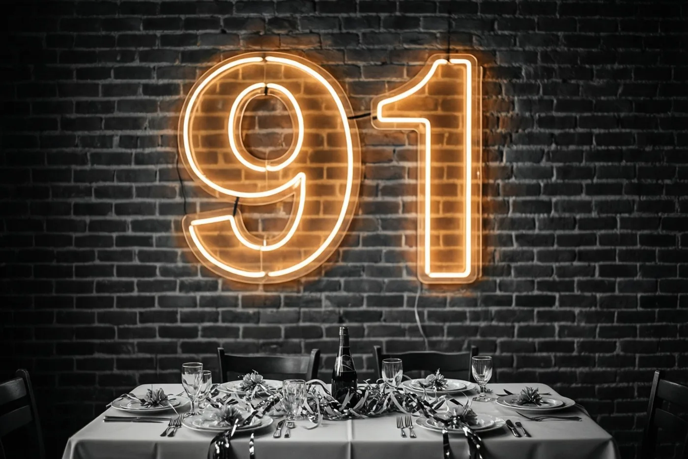 Een oranje neongetal 91 verlicht een donkere bakstenen muur boven een feestelijk gedekte tafel in zwart en wit.