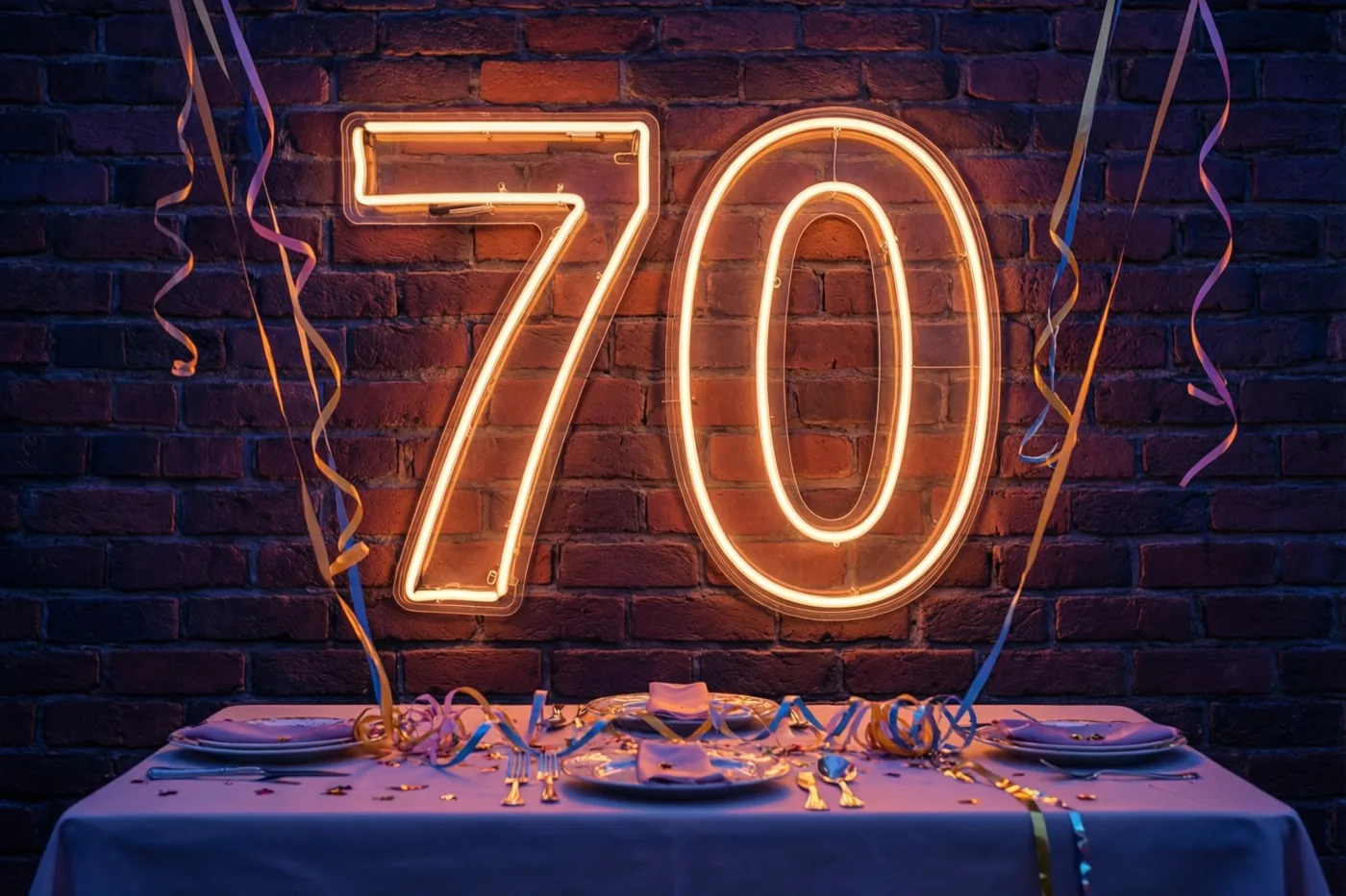 Een lichtgevende 70 in neon hangt aan een donkere bakstenen muur boven een gedekte feesttafel met gekleurde slingers en borden in oranje en paars licht.