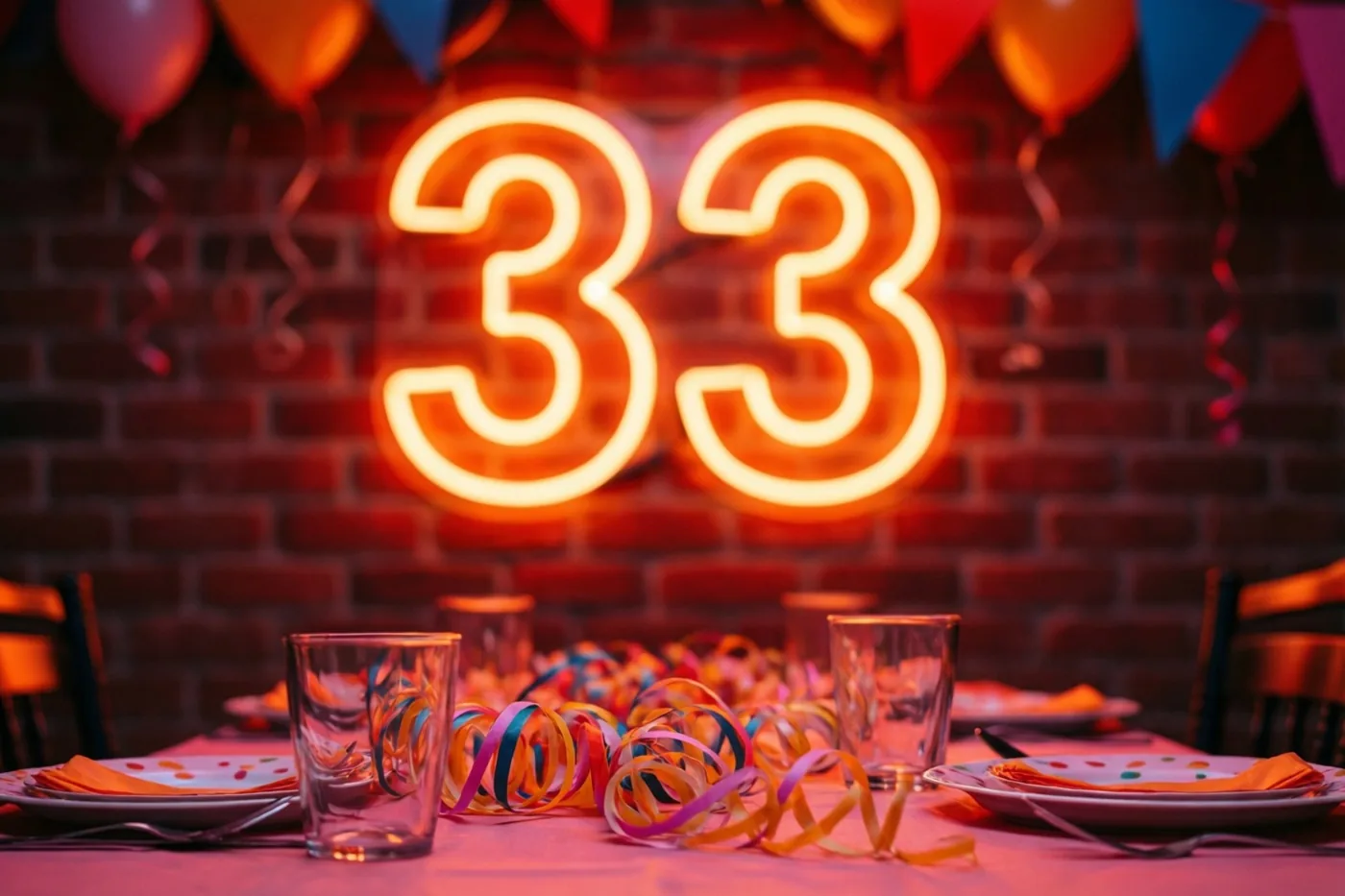 Een neoncijfer 33 hangt tegen een bakstenen muur boven een feesttafel met slingers, in warm rood en oranje licht.
