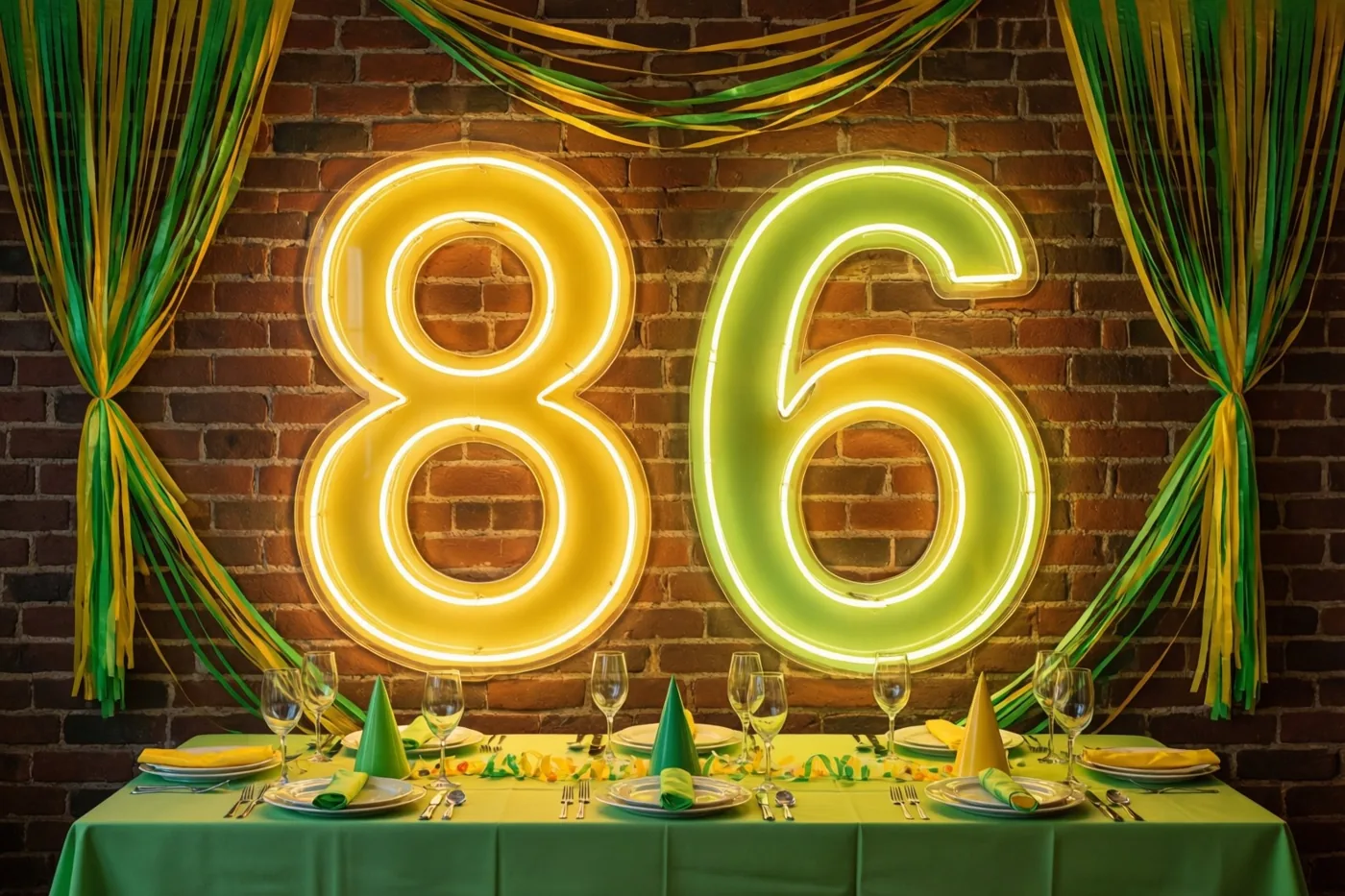Een feesttafel met groene en gele slingers staat onder grote neoncijfers 86 op een bakstenen muur in warm licht.