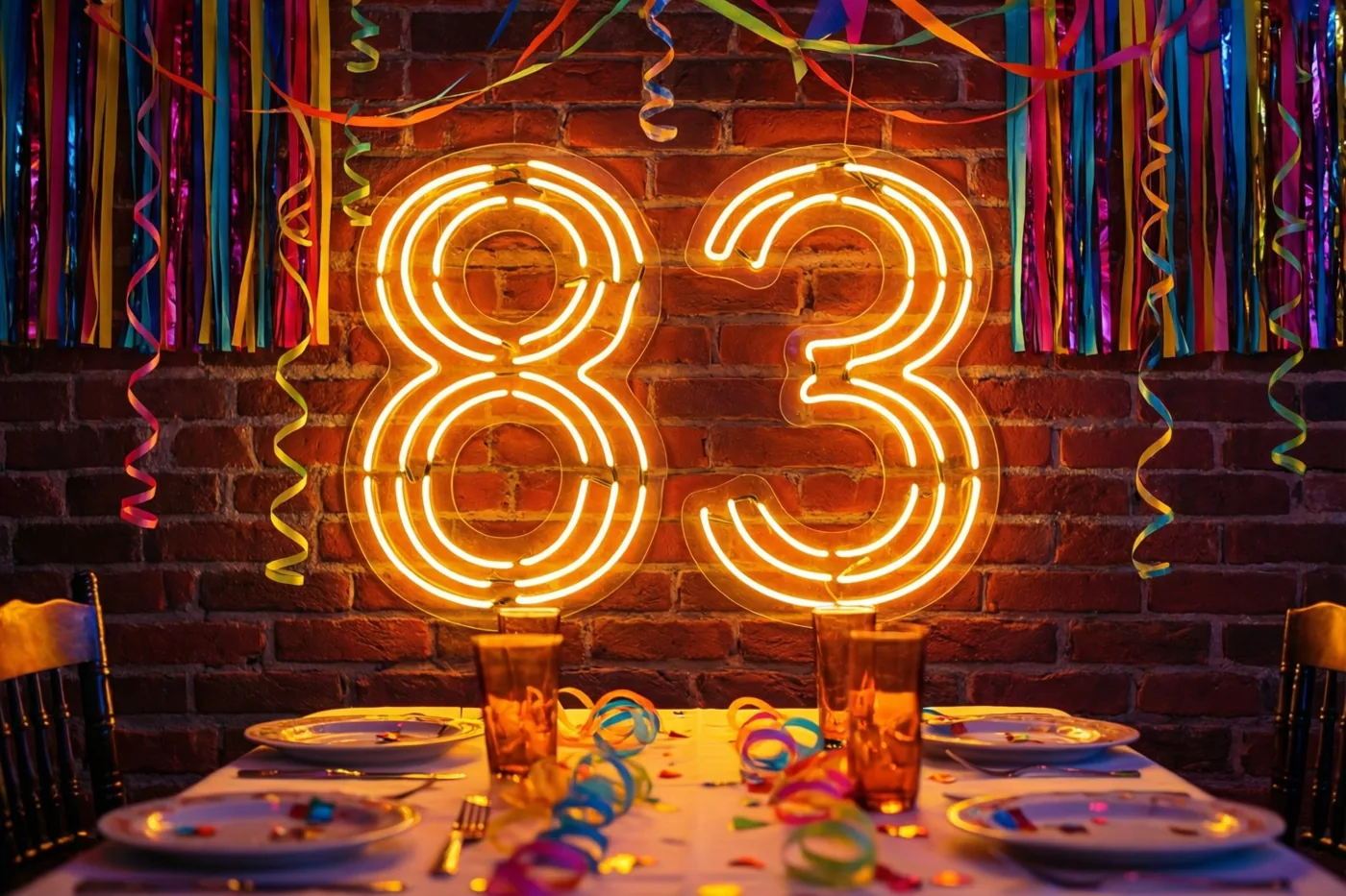 Een neonbord met 83 gloeit warm tegen een bakstenen muur boven een feesttafel met kleurrijke slingers en confetti.