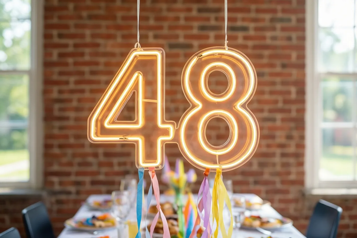 Twee lichtgevende neoncijfers vormen 48 boven een versierde feesttafel tegen een rode bakstenen muur, in warm geel en oranje licht.