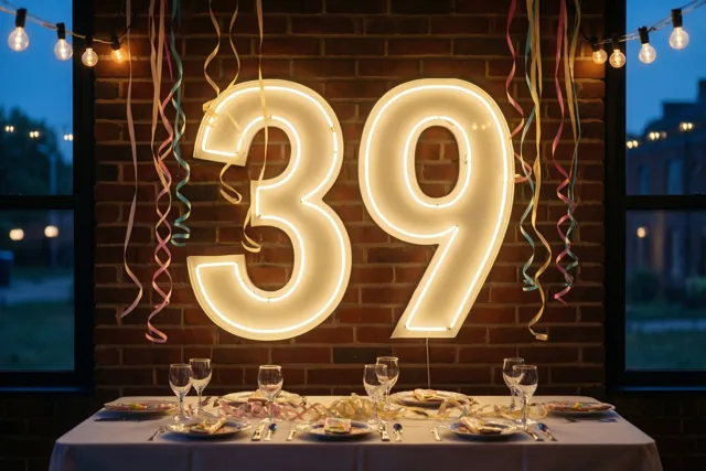 Een gloeiend neongetal 39 hangt aan een bakstenen muur boven een gedekte feesttafel met kleurrijke slingers en lichtslingers.