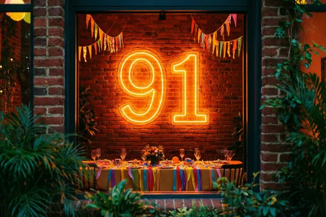 Een groot neongetal 91 hangt aan een rode bakstenen muur boven een versierde feesttafel, omringd door groene planten en kleurrijke slingers.