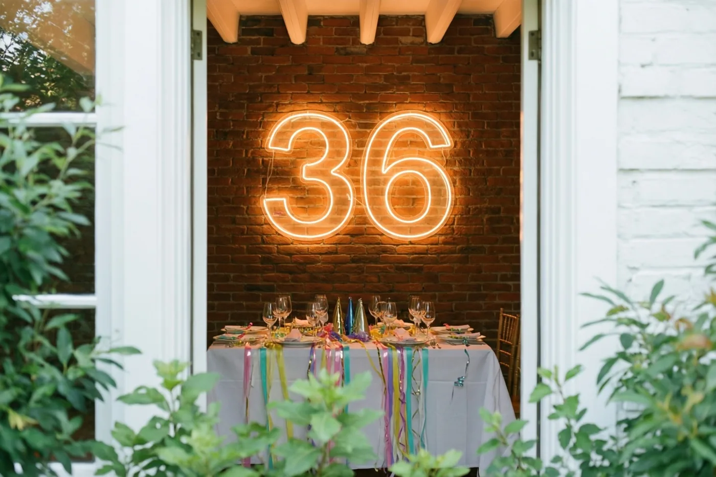 Een feesttafel met slingers staat voor een bakstenen muur met het getal 36 in warm neonlicht, omgeven door witte deuropeningen en groen.