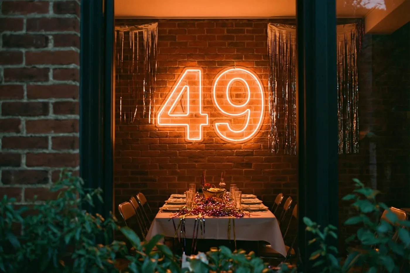Een warm verlicht neonteken met 49 hangt aan een bakstenen muur boven een gedekte feesttafel, met donkere zuilen en groen op de voorgrond.