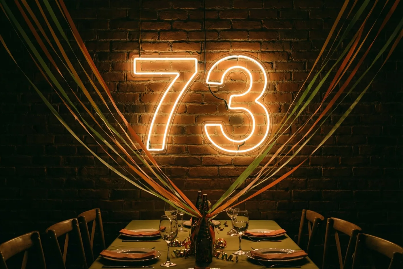 Een warm verlicht neongetal 73 hangt aan een bakstenen muur boven een gedekte feesttafel met kleurrijke slingers richting de muur.