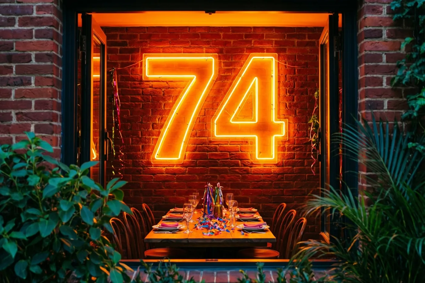 Een warm verlicht neongetal 74 hangt boven een gedekte feesttafel aan een bakstenen muur, gezien door een deuropening met groen eromheen.