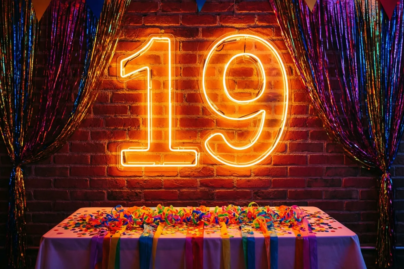 Een groot neongetal 19 licht op aan een rode bakstenen muur boven een tafel met kleurrijke slingers en confetti.