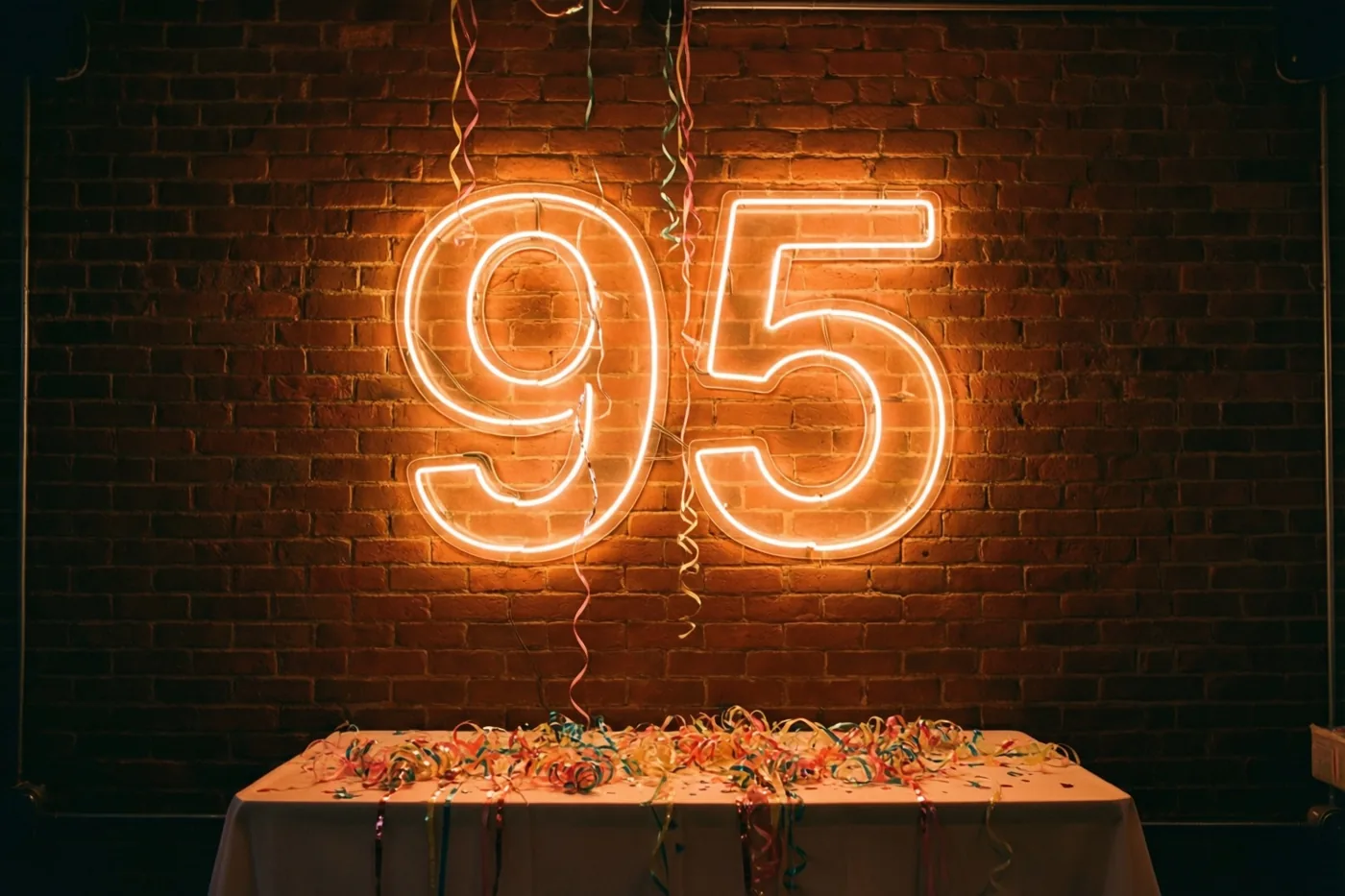 Een groot neongetal 95 gloeit warm tegen een donkere bakstenen muur boven een tafel met een wit kleed en kleurrijke slingers.