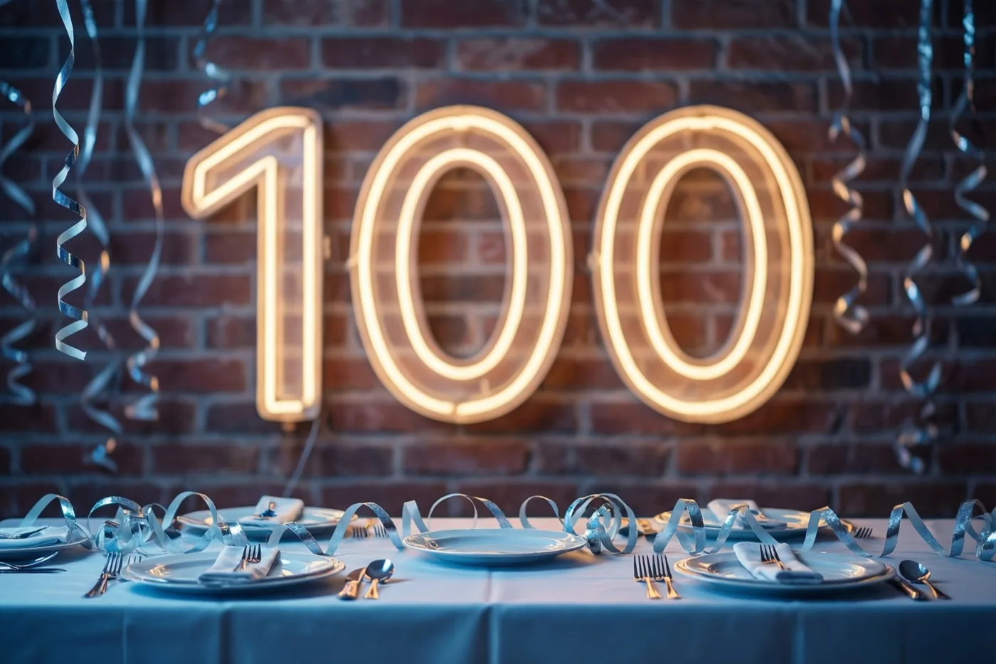 Warme neonlichten vormen 100 op een bakstenen muur boven een feesttafel met blauwe slingers en bestek.