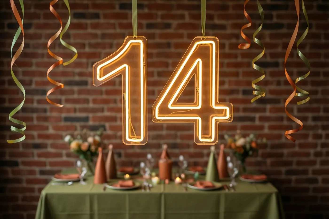 Een lichtgevend neongetal 14 hangt boven een versierde feesttafel tegen een bakstenen muur, met kleurrijke slingers eromheen.