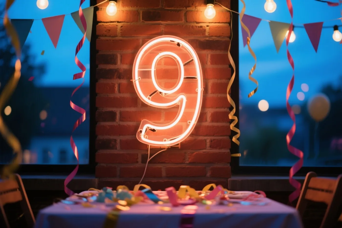 Een lichtgevende neonnegen hangt aan een rode bakstenen muur boven een feesttafel met kleurrijke slingers, met lichtslingers en vlaggetjes in de schemerige achtergrond.
