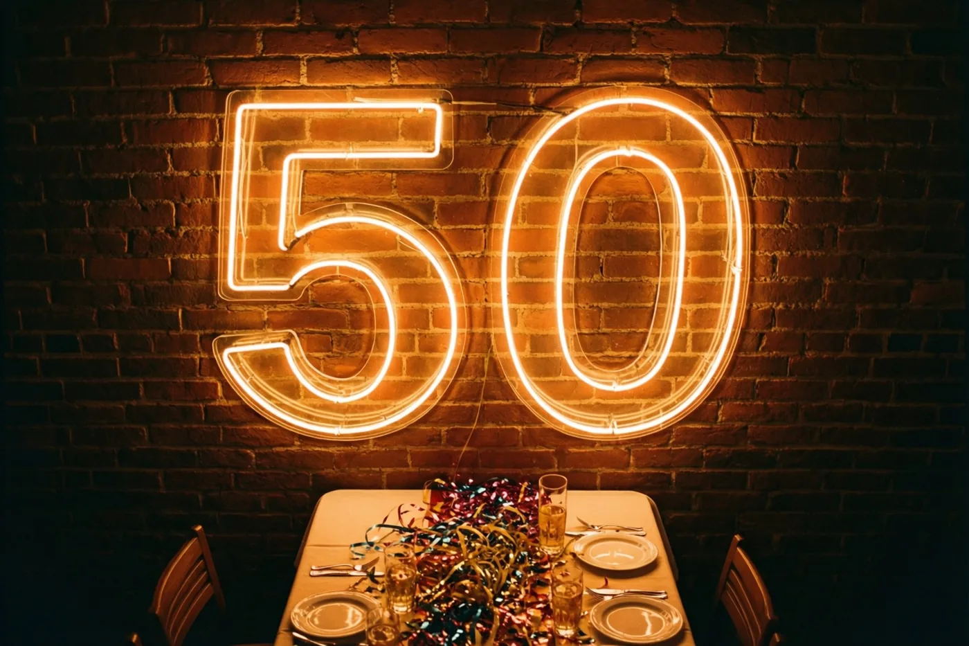 Een gloeiend neongetal 50 hangt aan een bakstenen muur boven een feesttafel in warm oranje en geel licht.