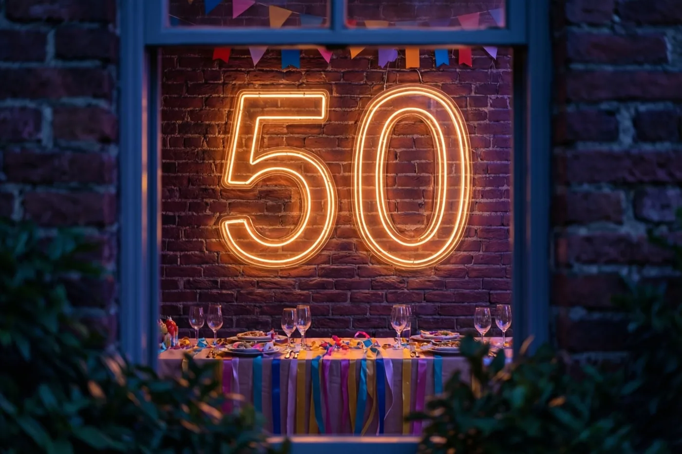Door een raam is bij nacht een bakstenen muur te zien met een oranje gloeiend neongetal 50 boven een versierde feesttafel met kleurrijke serpentines.