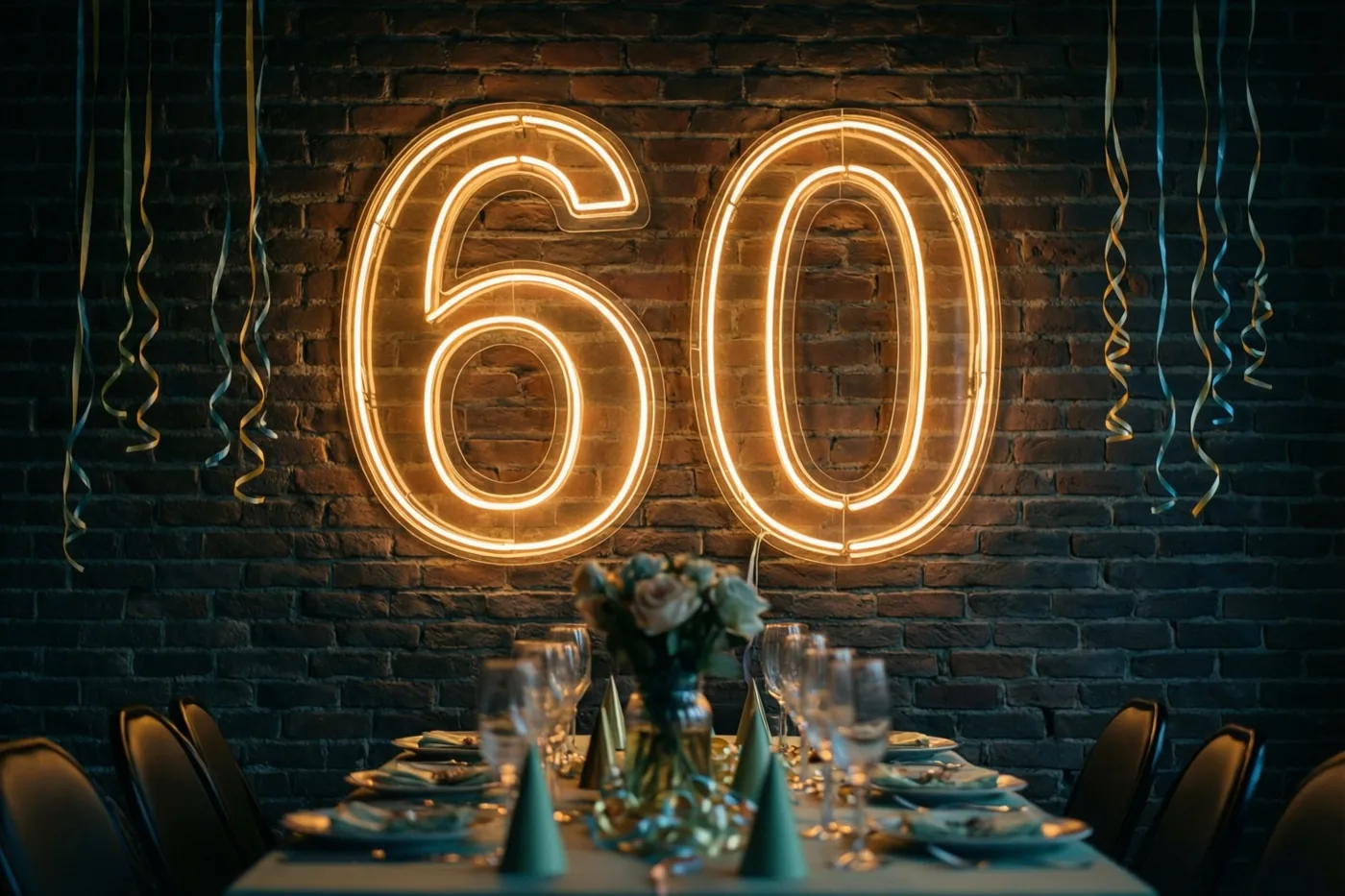 Een warm verlicht neongetal 60 hangt aan een donkere bakstenen muur boven een gedekte tafel met glazen en een bloemstuk, onder hangende slingers.