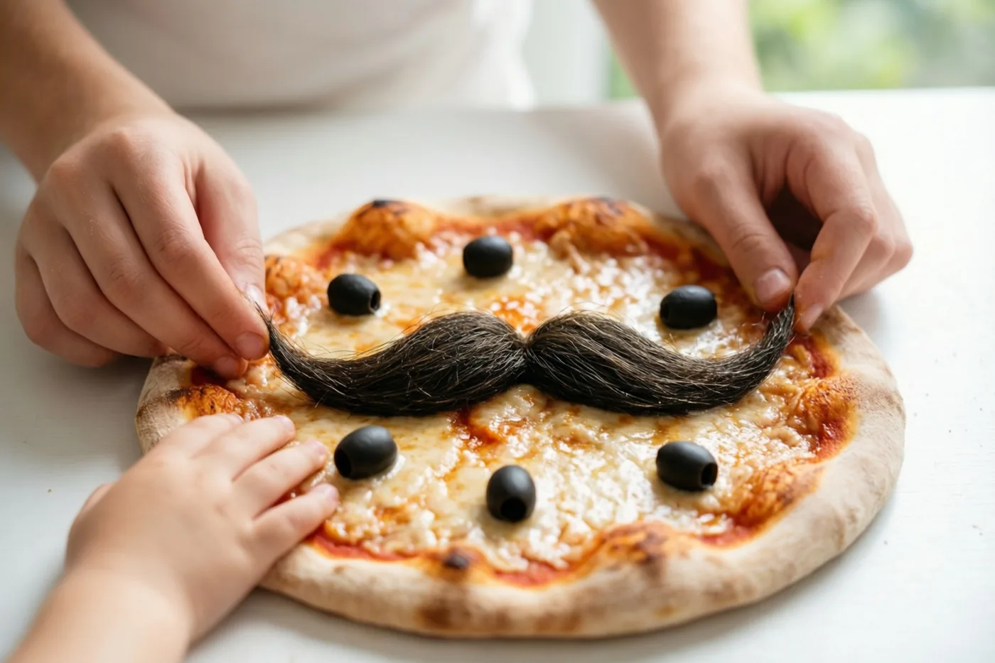Volwassen handen en kinderhanden leggen een nepsnor op een zelfgemaakte pizza met olijven op een witte tafel in natuurlijk licht.