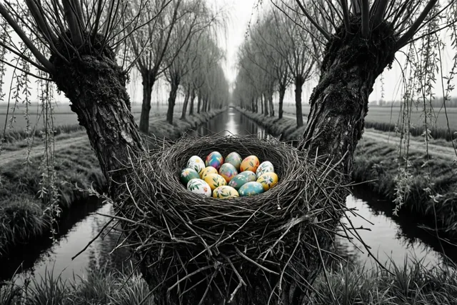 Een nest met kleurrijk beschilderde paaseieren ligt in de kruin van een knotwilg boven een poldersloot, met een symmetrische bomenrij die in de verte verdwijnt en het landschap in zwart-wit.