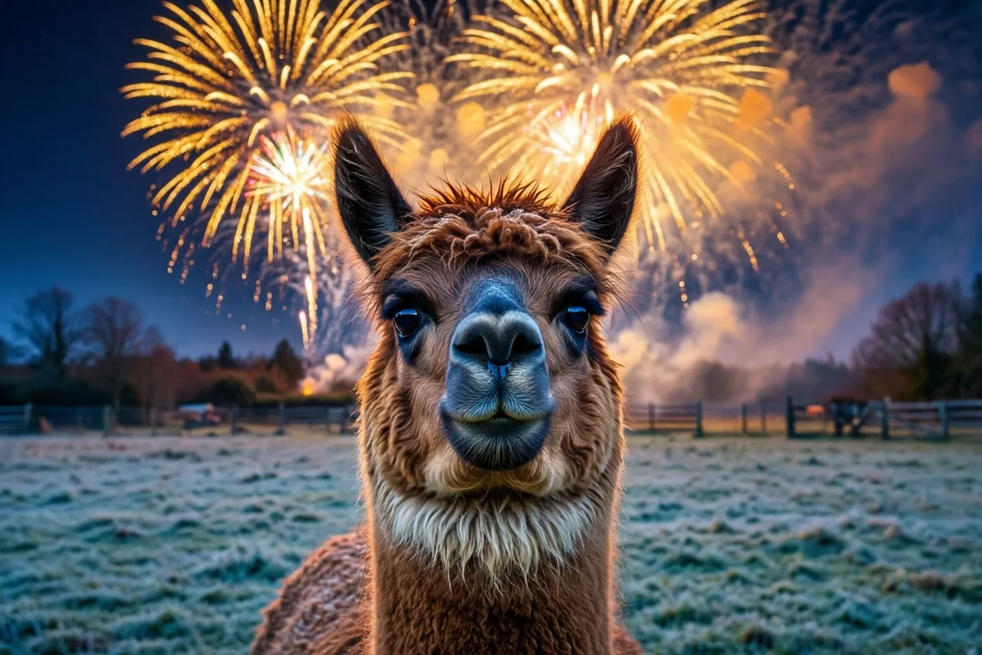 Een alpaca kijkt nieuwsgierig omhoog naar goudkleurig vuurwerk vanuit een berijpte omheinde wei onder een donkerblauwe hemel.