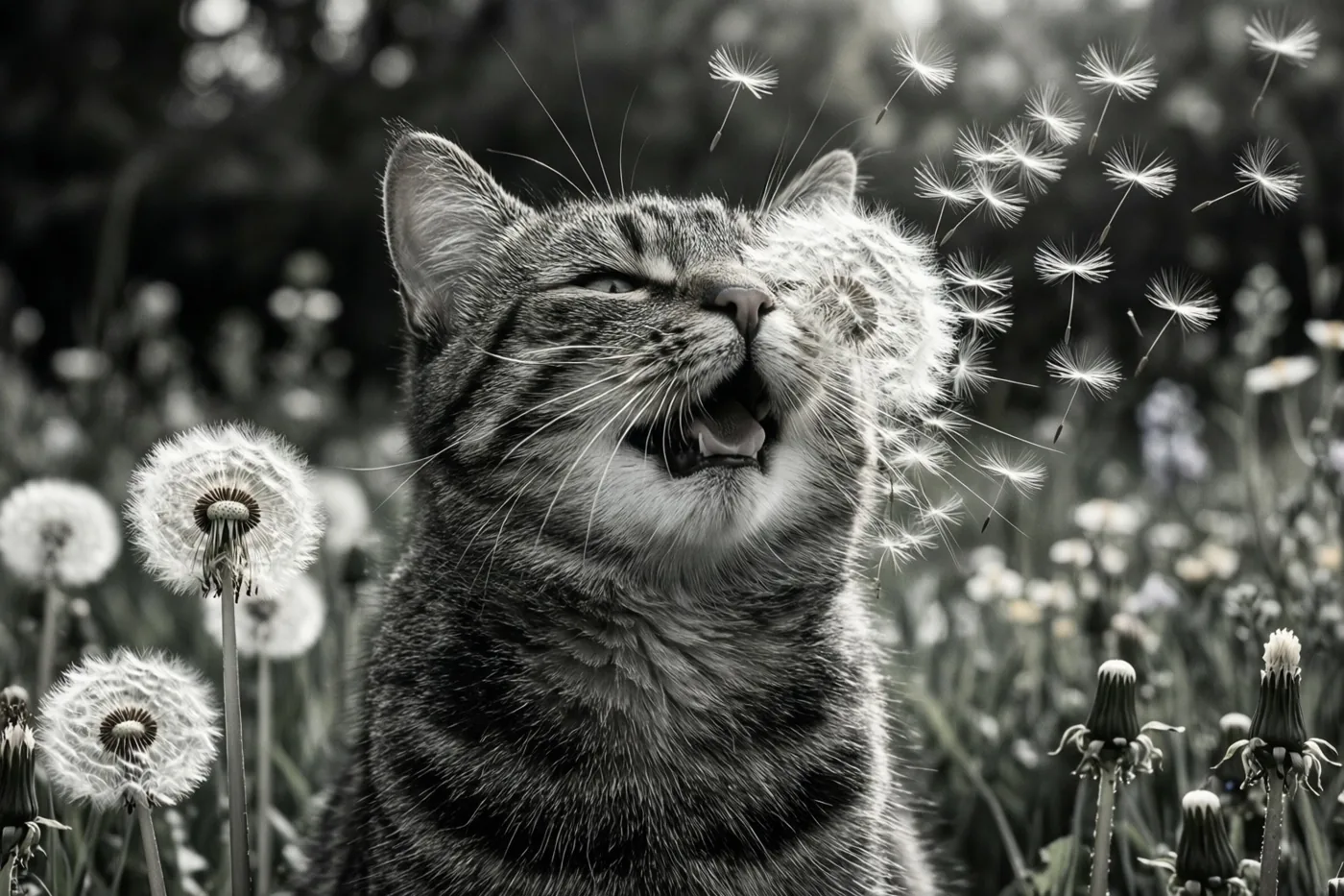 Een gestreepte kat niest in een lentetuin terwijl paardenbloempluisjes naar haar gezicht waaien, op een zwart-witfoto.