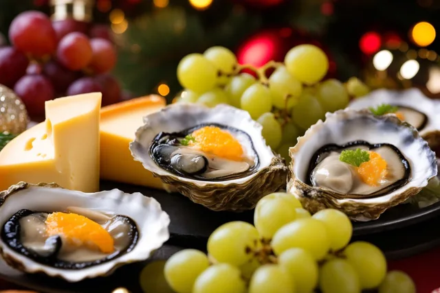 Oesters met oranje viseitjes liggen naast kaas en groene druiven, met onscherpe kerstlichtjes en kerstversiering op de achtergrond.