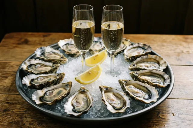Een schaal verse oesters op fijngestampt ijs met partjes citroen staat naast twee glazen champagne op een houten tafel.