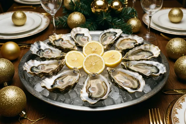 Een zilveren schaal met verse oesters op fijngestampt ijs en schijfjes citroen staat op een houten tafel met gouden kerstversieringen en groen.