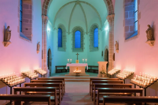 Rijen offerkaarsen branden voor een altaar in een romaanse kerk met stenen zuilen, boogvensters en beelden, in warm kaarslicht en koele blauwe tinten.
