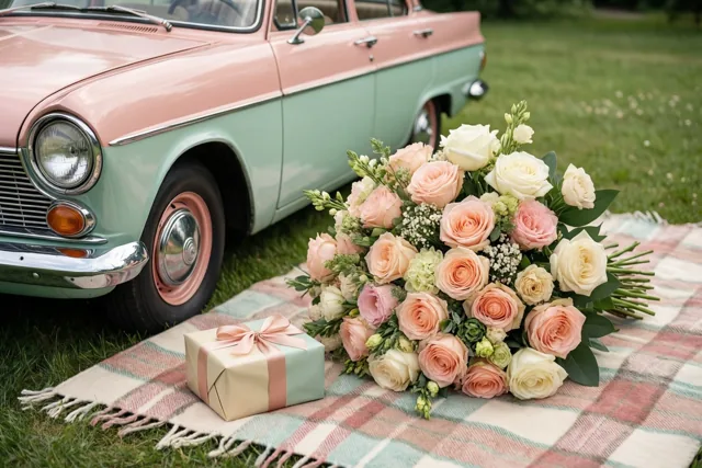 Een tweekleurige auto uit de jaren zestig staat naast een picknickdeken op het gras, met roze en witte rozen en een klein cadeaudoosje met een roze lint.