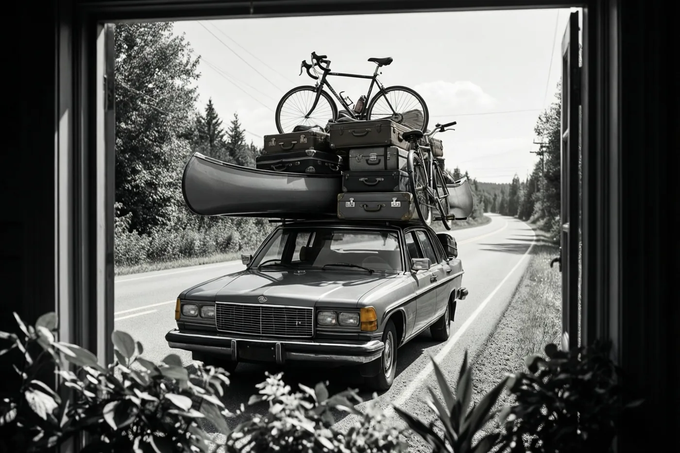 Door een open raam is een oldtimer te zien op een zonnige weg tussen bomen, met koffers, een kano en een fiets hoog op het dak gestapeld.