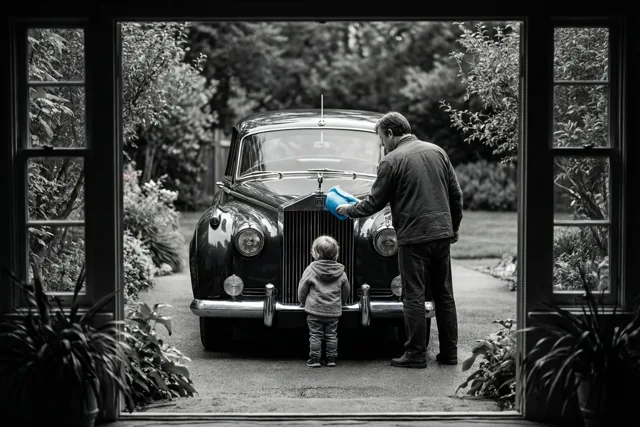 Door een raam zijn een vader en kind van achteren te zien terwijl ze samen een oldtimer poetsen op een oprit in een zwart-witbeeld.