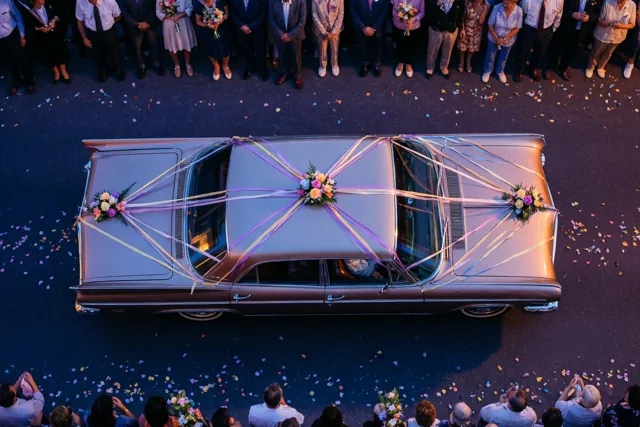 Van bovenaf is een auto uit de jaren zestig te zien met kleurrijke slingers en bloemstukken, tussen mensen in een straat vol confetti in warm goudkleurig licht.