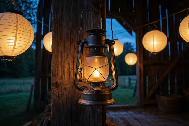 Een oude olielamp hangt aan een houten paal in een schuur met een snoer papieren lampionnen, terwijl door een open deur de schemerlucht te zien is.