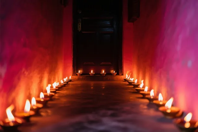 Een donkere gang leidt naar een gesloten deur, met aan weerszijden rijen olielampjes met onscherpe vlammen in warm rood en oranje licht.