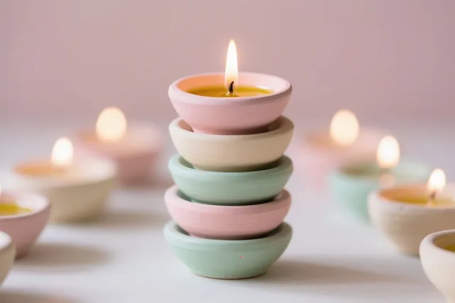 Op een ondergrond in pasteltinten staat een stapel beschilderde olielampjes waarvan alleen het bovenste brandt, met wazige lampjes op de achtergrond.