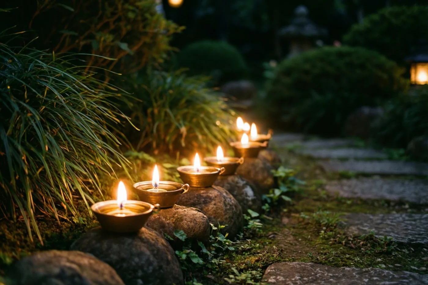 Een rij brandende olielampjes staat 's nachts op donkere stenen langs een tuinpad, omringd door groene bladeren en mos.