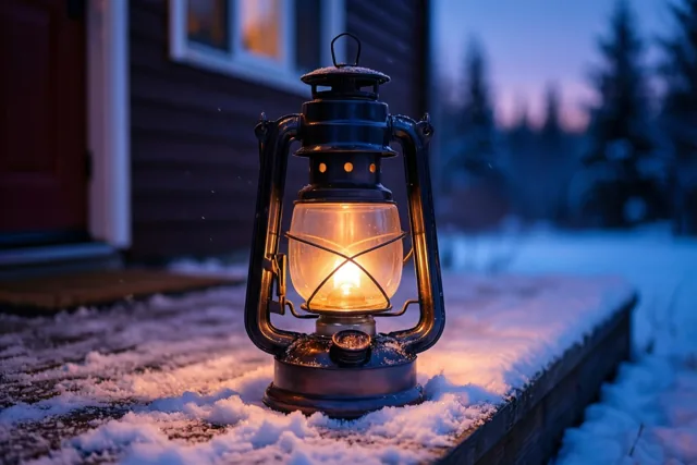 Een brandende olielantaarn staat bij schemering op een besneeuwde houten drempel voor een huis, met geel licht tegen blauwe en paarse sneeuwtinten.