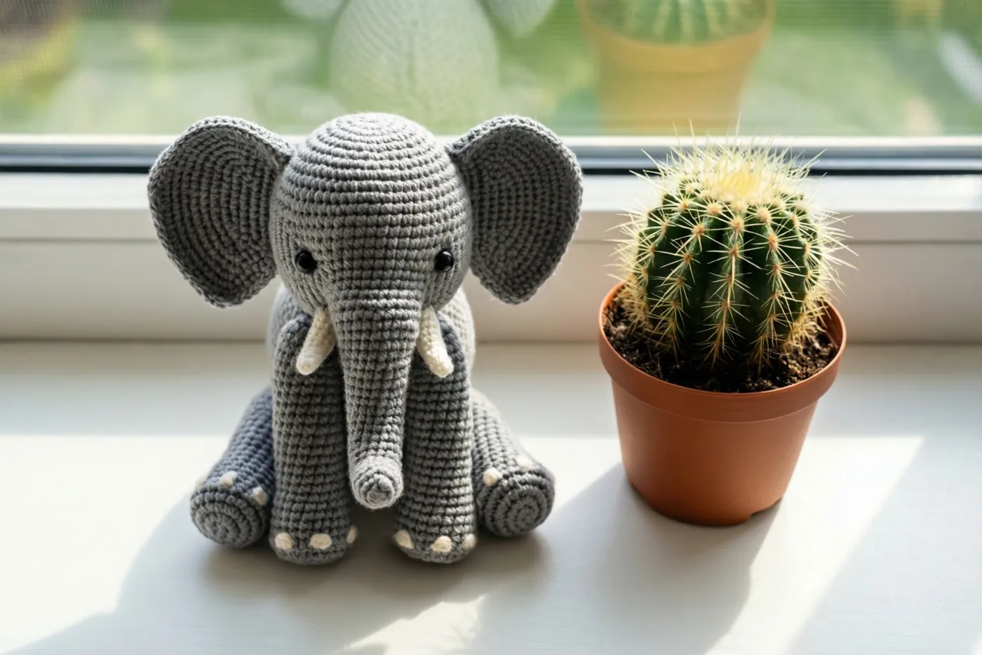 Een klein gehaakt grijs olifantje zit op een witte vensterbank naast een kleine cactus in een pot, in helder zonlicht.