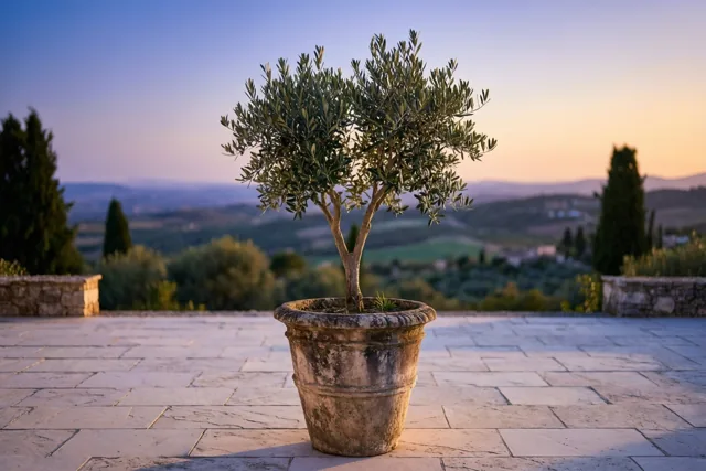 Een kleine olijfboom in een verweerde stenen sierpot staat op een terras met lichte stenen tegels, met een zonsondergang, glooiende heuvels en cipressen op de achtergrond.