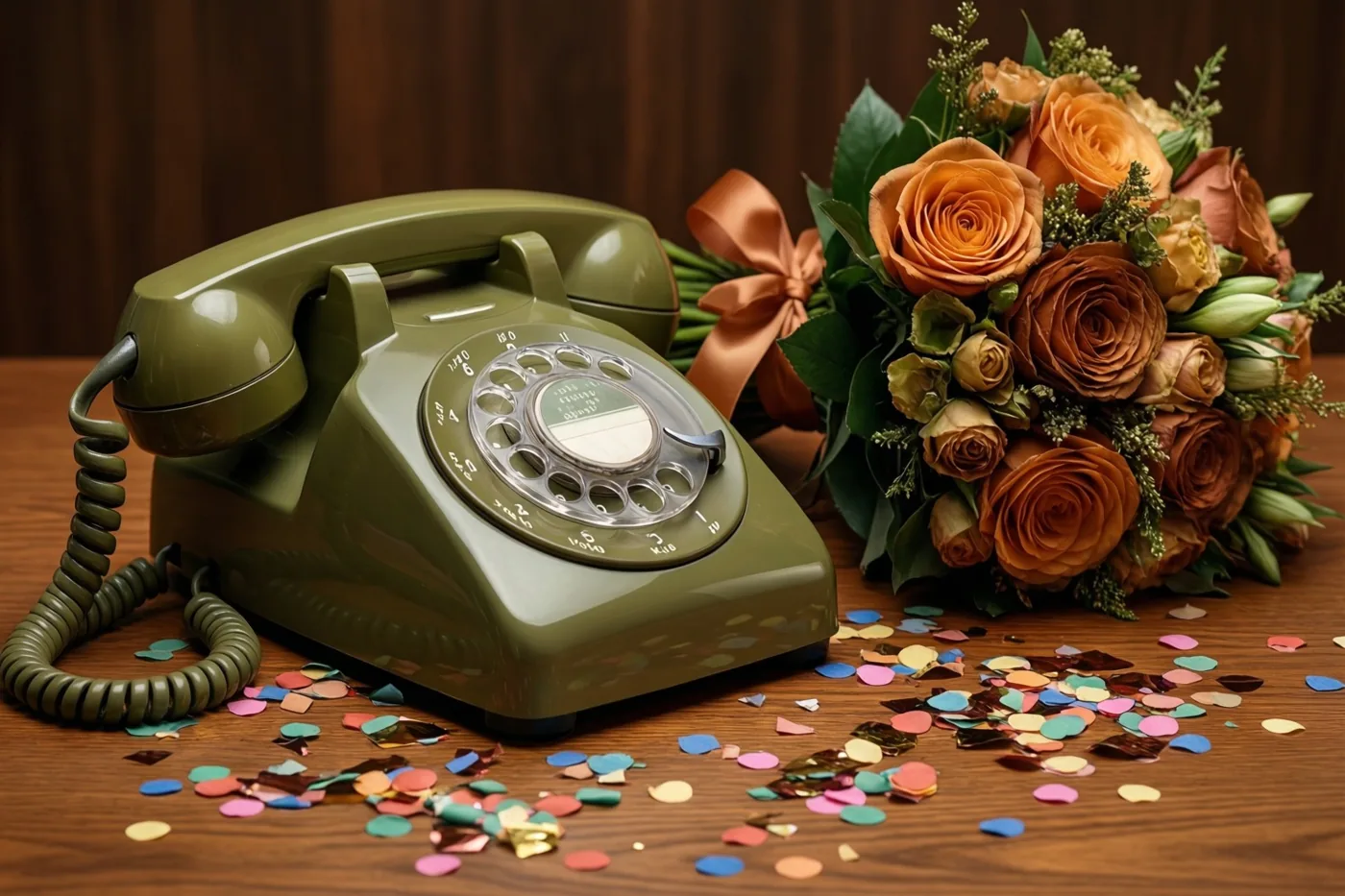 Een oude olijfgroene telefoon met draaischijf staat op een houten tafel naast oranje rozen met een lint, omringd door kleurrijke confetti.