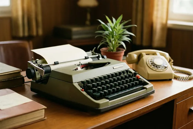 Een olijfgroene typemachine staat op een houten bureau naast een beige draaischijftelefoon en een groene potplant, met houten wanden en gordijnen op de achtergrond.