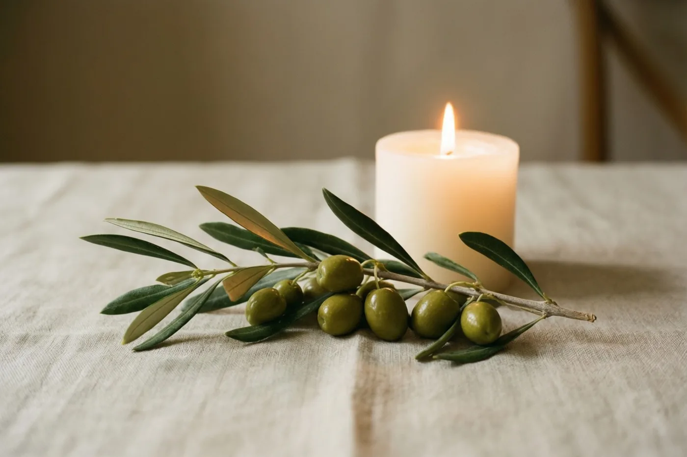 Een brandende witte kaars en een olijftakje met groene bladeren en olijven bevinden zich op een lichte linnen doek in zacht daglicht.