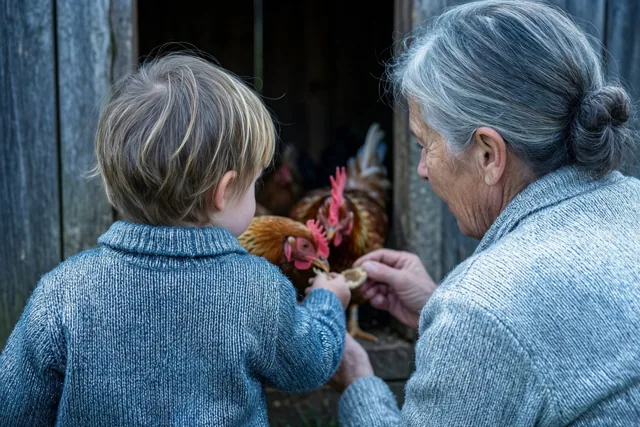 Een oma en een jong kind voeren kippen bij een houten hok in een beeld met zachte blauwe en grijze tinten.