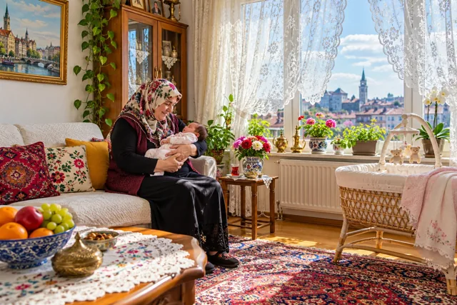 Een Turks-Belgische oma met een hoofddoek houdt haar pasgeboren kleinkind vast bij een raam met kanten gordijnen.