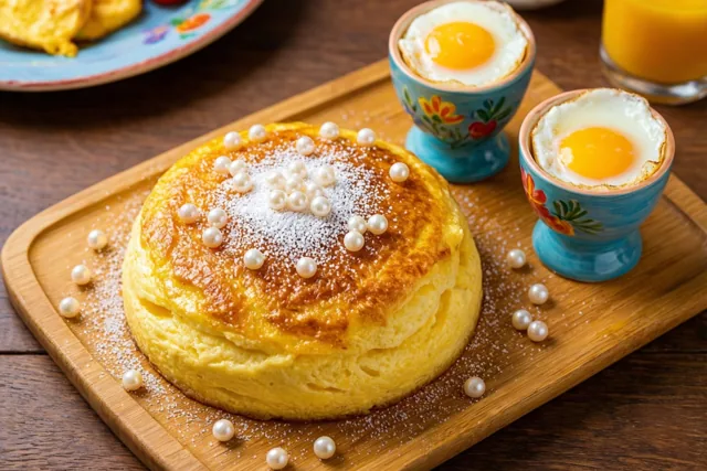Een goudkleurige luchtige omelet met poedersuiker en parelsuiker ligt op een houten plank naast twee zachtgekookte eieren in beschilderde dopjes, met een glas sinaasappelsap op de achtergrond.